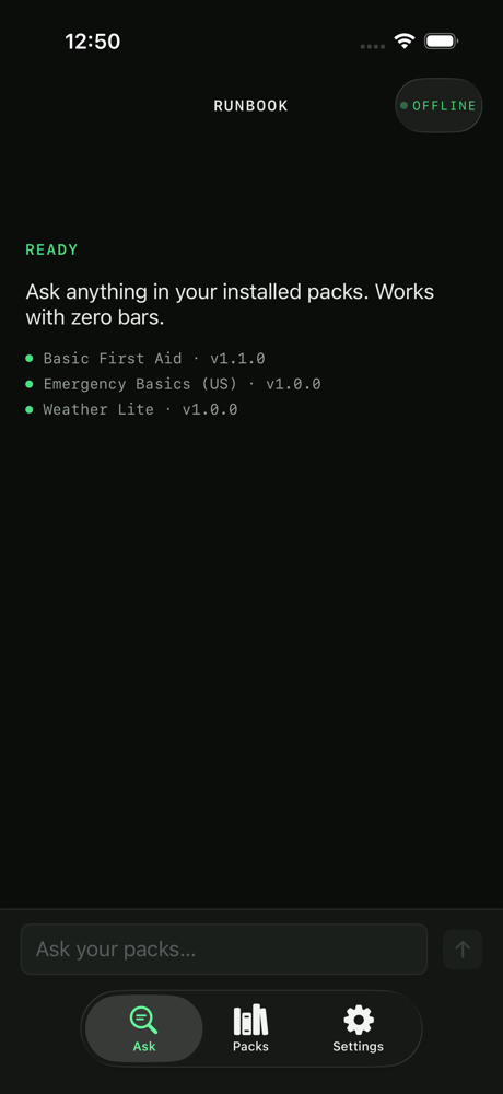 Runbook Ask screen: READY state listing the three installed knowledge packs, with an OFFLINE badge in the toolbar