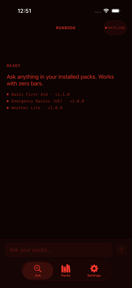 Runbook in Night Mode: the entire interface rendered in red on black to preserve night vision