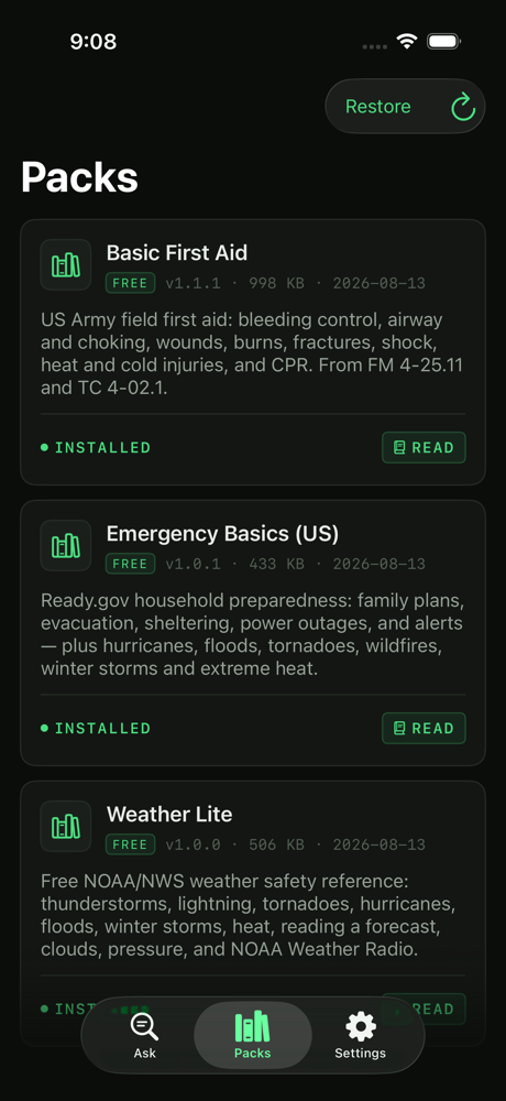 Runbook pack library: Basic First Aid, Emergency Basics and Weather Lite, each marked INSTALLED