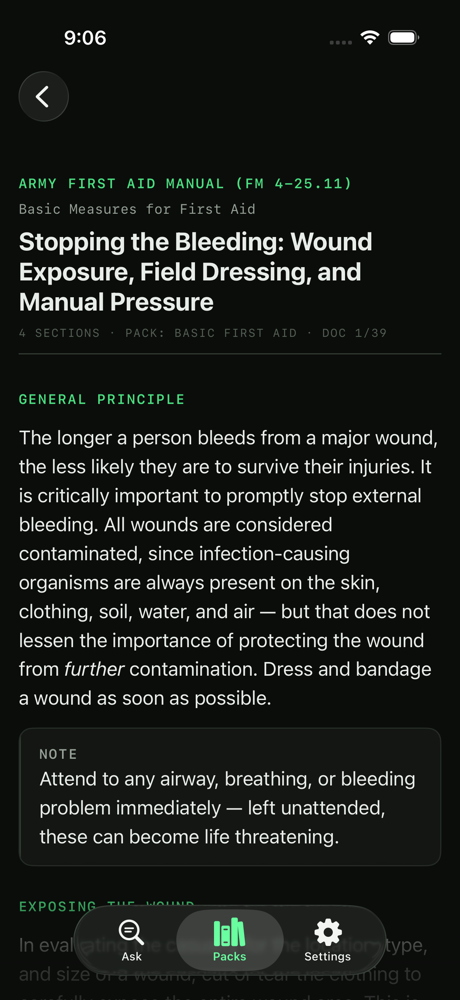 Runbook reader mode showing the full text of a US Army first aid manual section